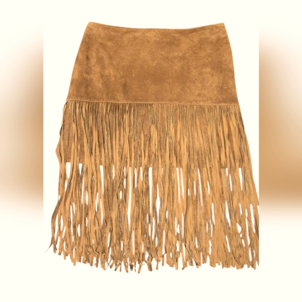 100% Suede Leather Fringed Tan Skirt Size 7 by Rampage